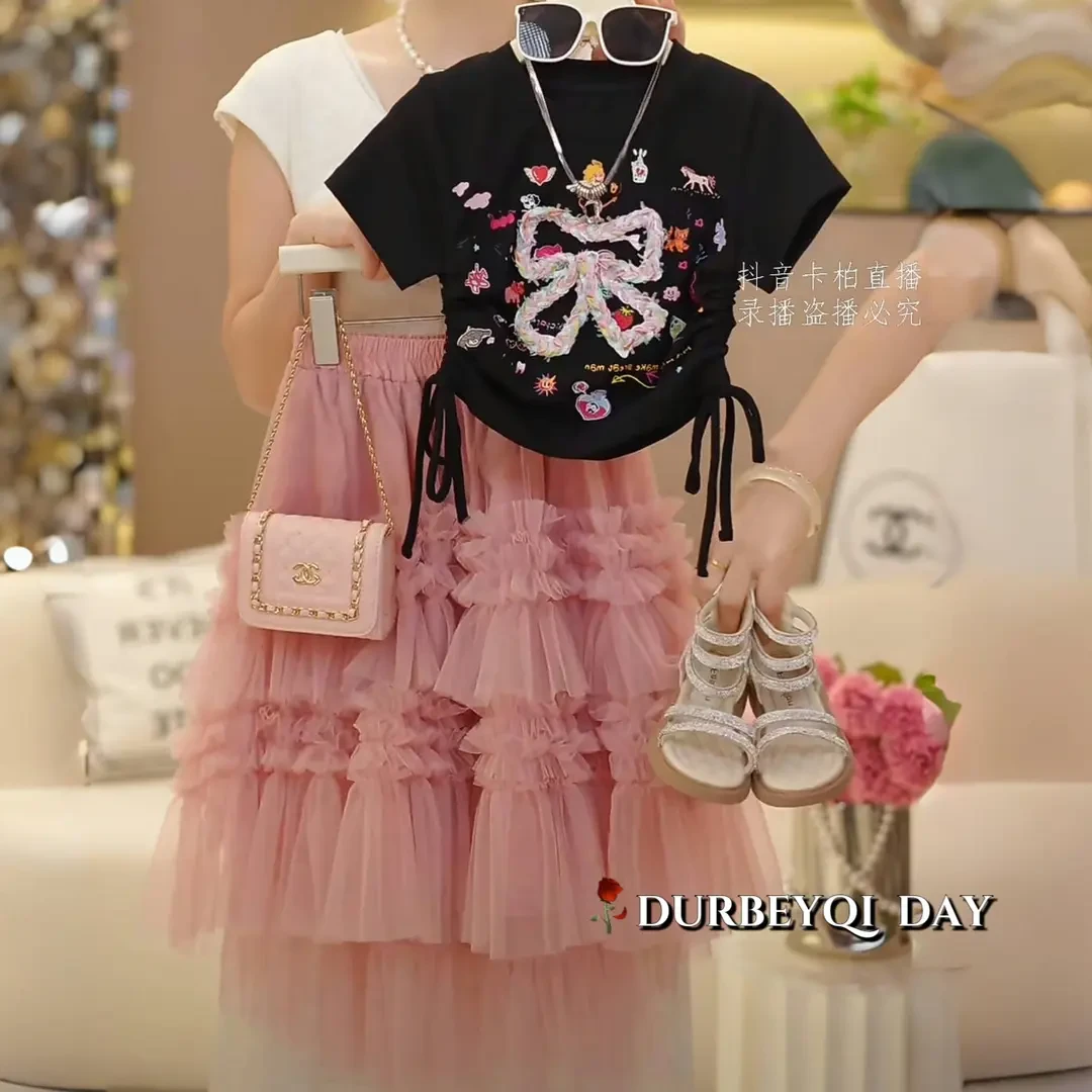 女童短袖半身裙套装2025夏款甜美T恤蝴蝶结卡通收腰上衣蛋糕纱裙8