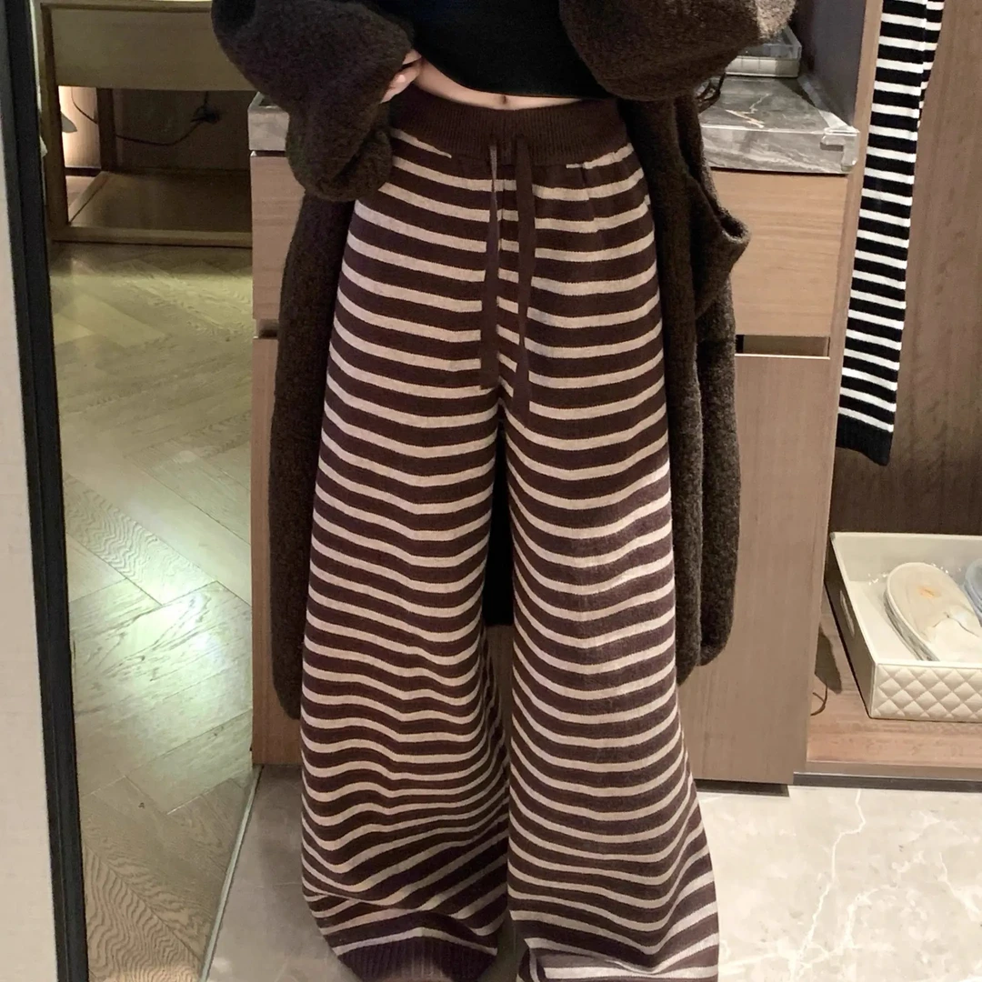 加绒加厚条纹针织阔腿裤女秋冬复古慵懒风宽松垂感显瘦拖地休闲裤
