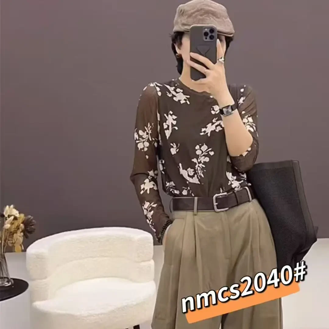 Y2040提花长袖宽松型宽松碎花百搭套装T恤印花女修身型
