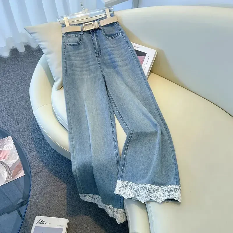 甜美风蕾丝花边九分阔腿裤女夏季薄款高腰宽松直筒小个子八分裤潮