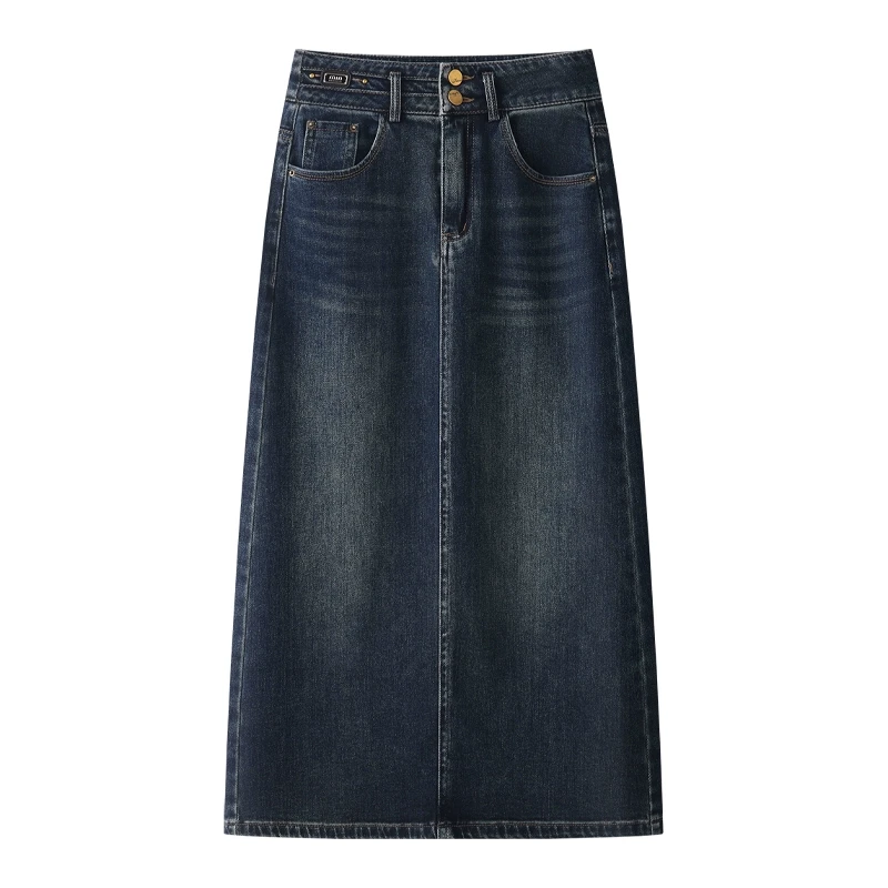 复古蓝直筒包臀半身裙女2025新款春秋高腰显瘦开叉牛仔裙一步长裙