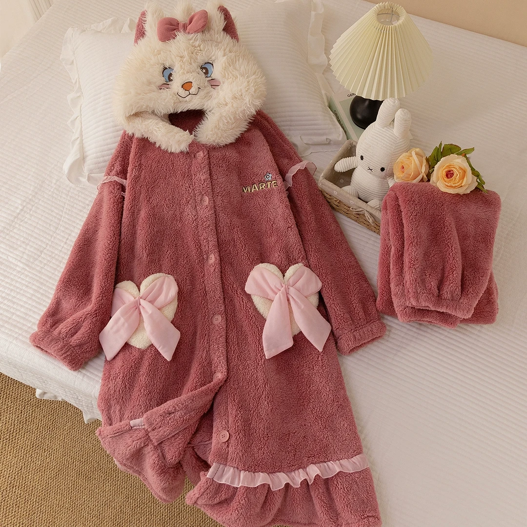 珊瑚绒睡衣女款秋冬加厚睡袍冬季蝴蝶结可爱长款家居服套装