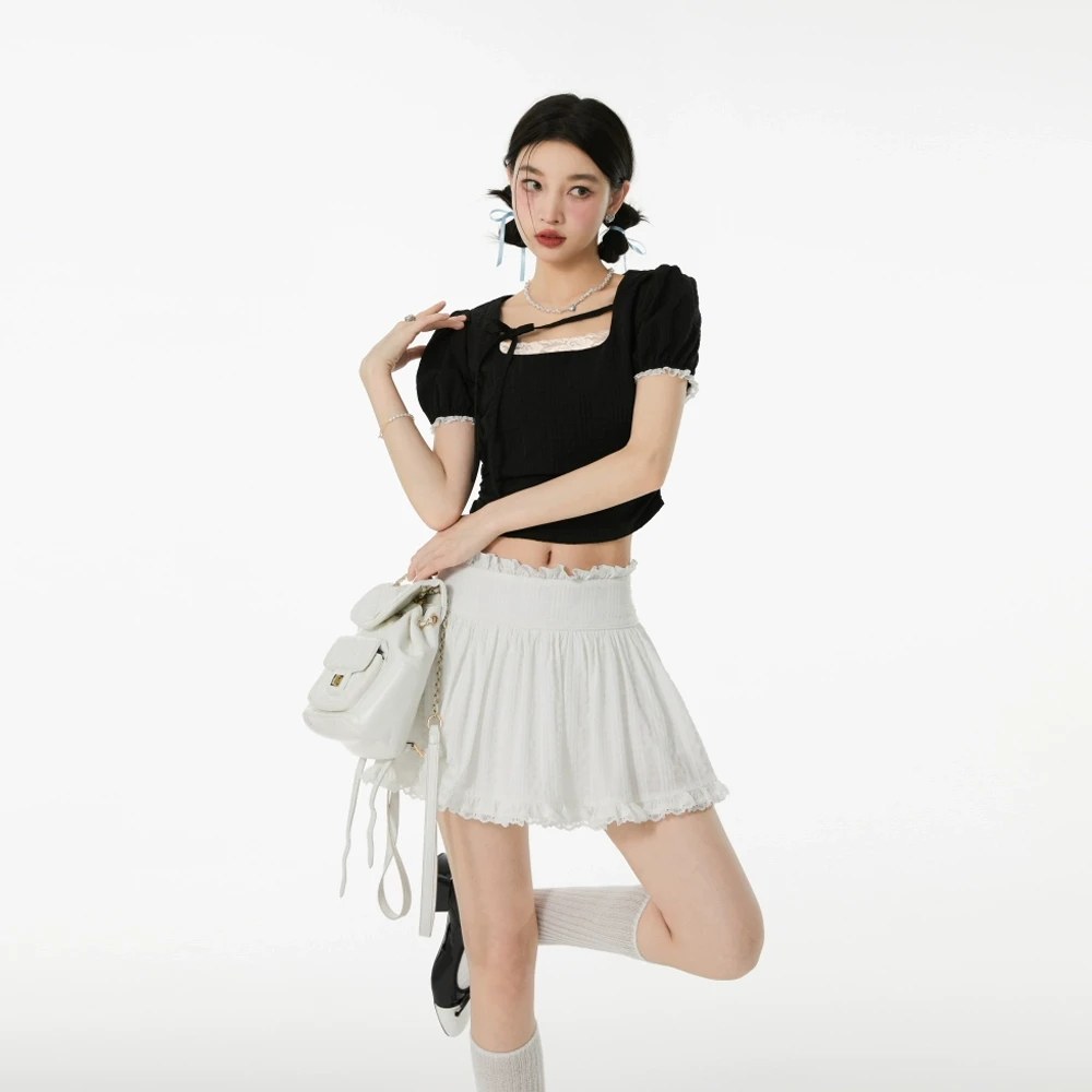 FMray撞色拼接高级感甜辣风方领蕾丝边T恤芭蕾风少女蛋糕裙两件套