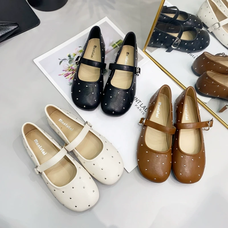 铆钉玛丽珍鞋女2025年春季新款方头浅口单鞋平底一字带小皮鞋