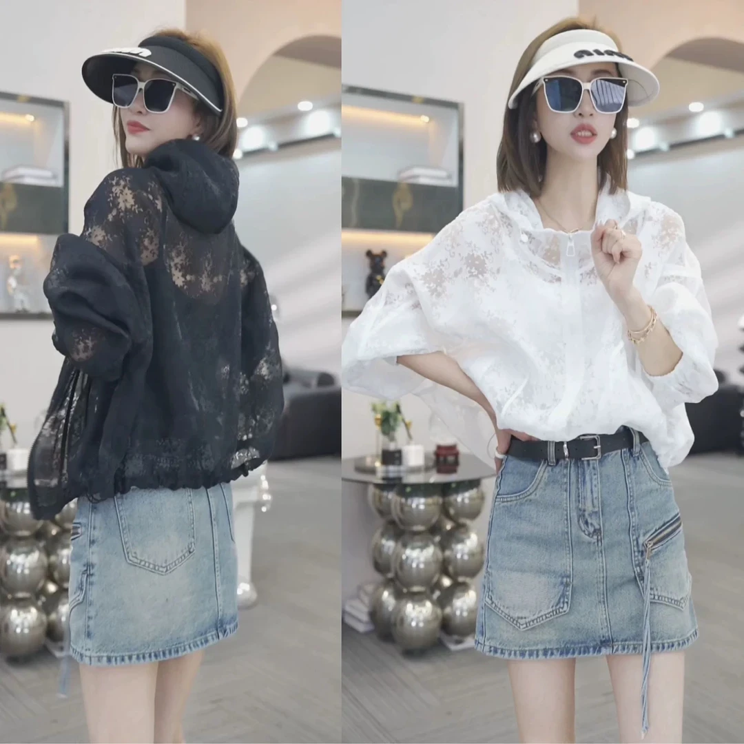 轻薄镂空防晒衣女2025夏季新款大码女装蕾丝小衫透气宽松连帽外套