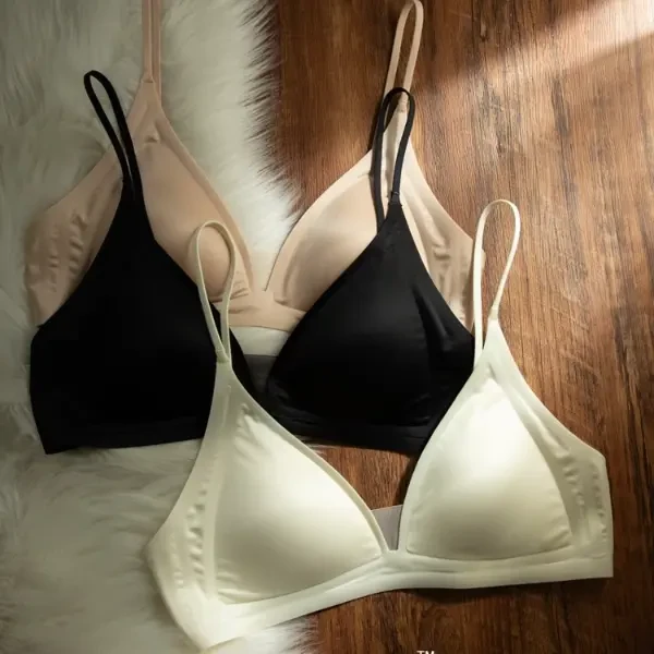 夏季法式缎面无痕内衣女细肩带薄款深V三角杯防下垂收副乳文胸罩