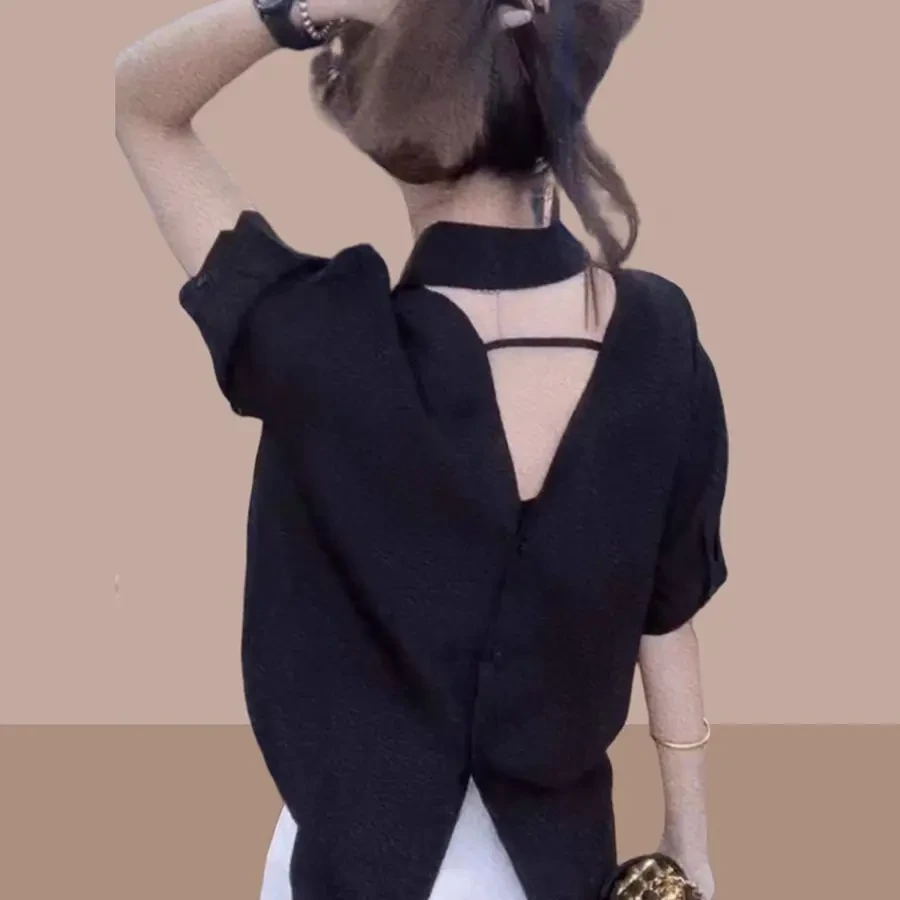 洋气短袖衬衣上衣衬衫时尚夏季设计感宽松女装小众新款2025年露背