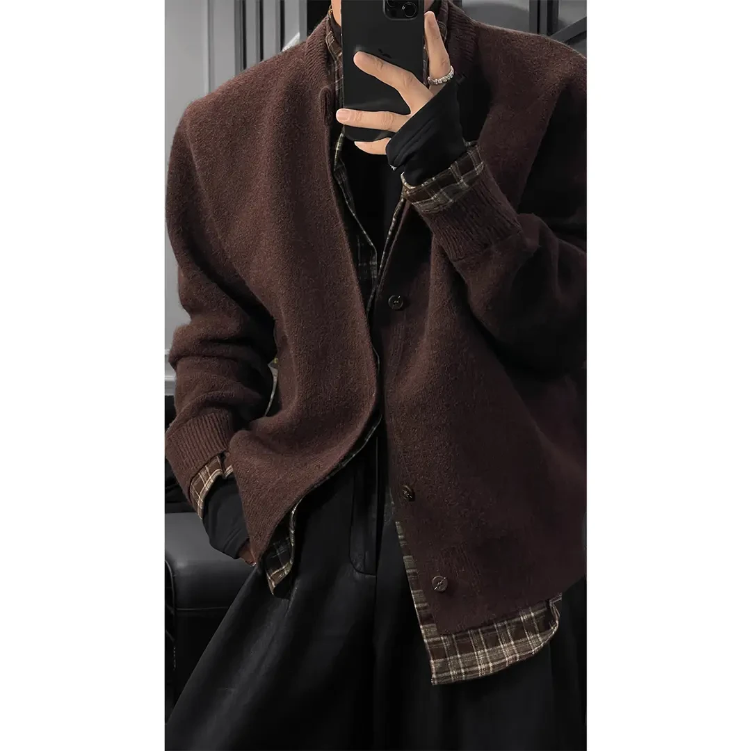 秋冬新品老钱风假两件格纹拼接长袖针织衫慵懒休闲宽松开衫外套男