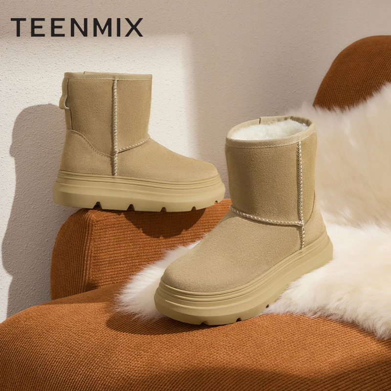 天美意2025新款厚底复古毛绒保暖棉鞋冬季短靴女雪地靴KXD26DD4