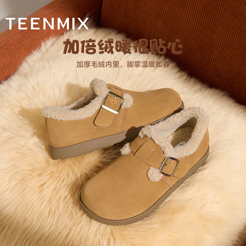 天美意25新款厚底一脚蹬保暖加绒棉鞋雪地靴勃肯鞋女休闲KMZ05DM4