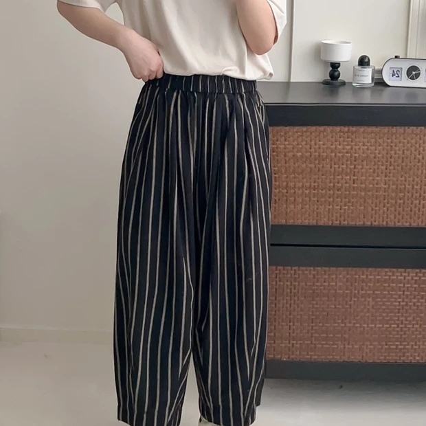 聪聪8601春夏季黑色条纹时尚宽松垂感休闲裤