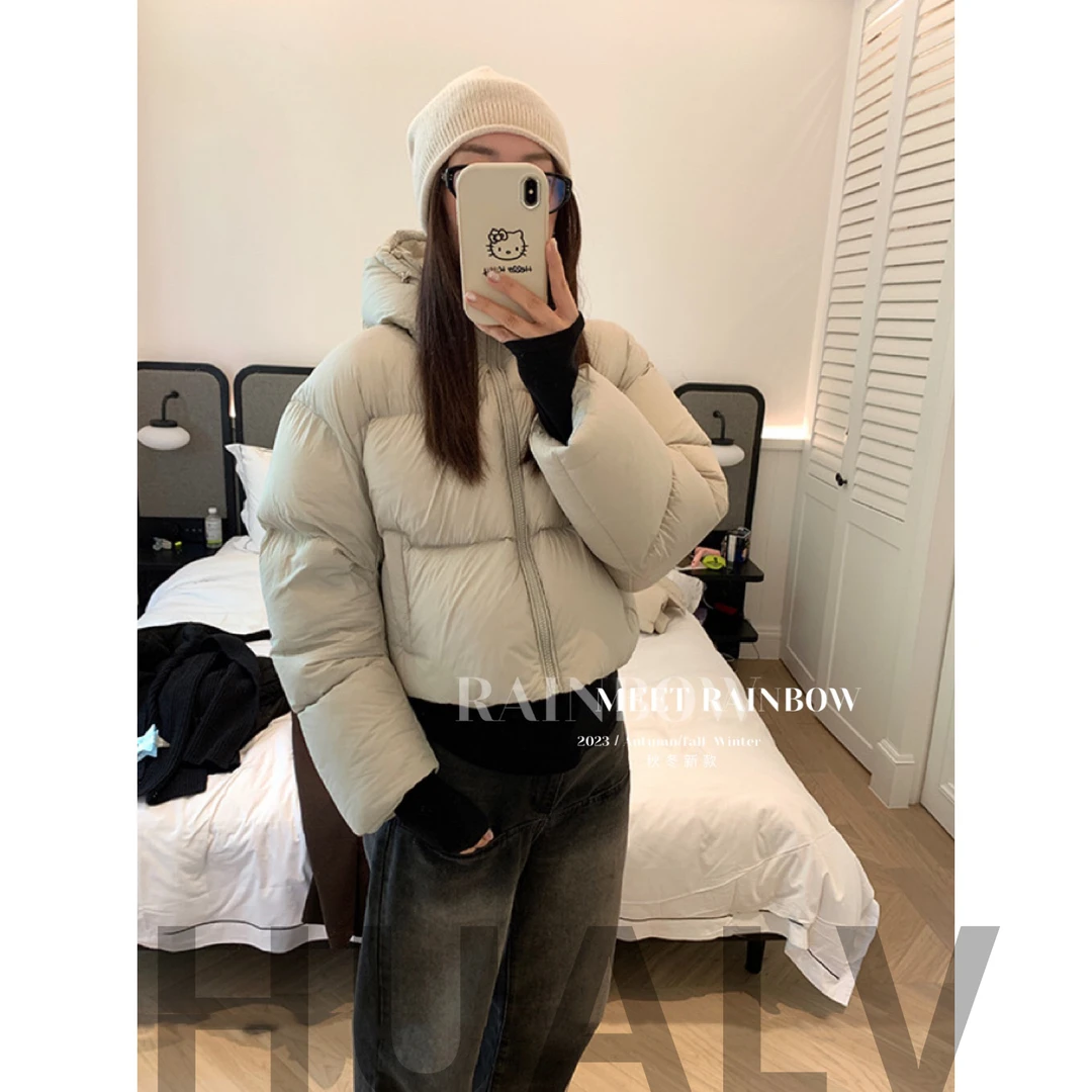 肯豆风羽戎服女短款冬季2023新款韩版小个子百搭连帽面包服女外套