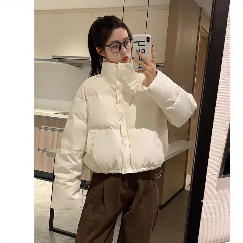 百2023年pu皮免洗白鸭绒羽绒服加厚短款美拉德色系冬季保暖外套女