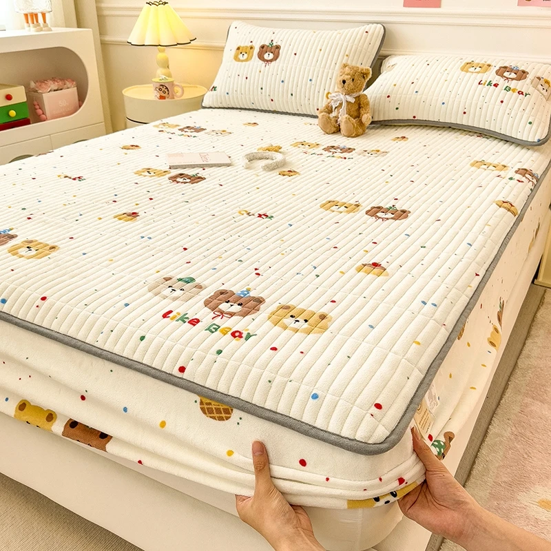 谜言2024新款榻榻米小清新印花加厚牛奶绒罩床夹棉床笠