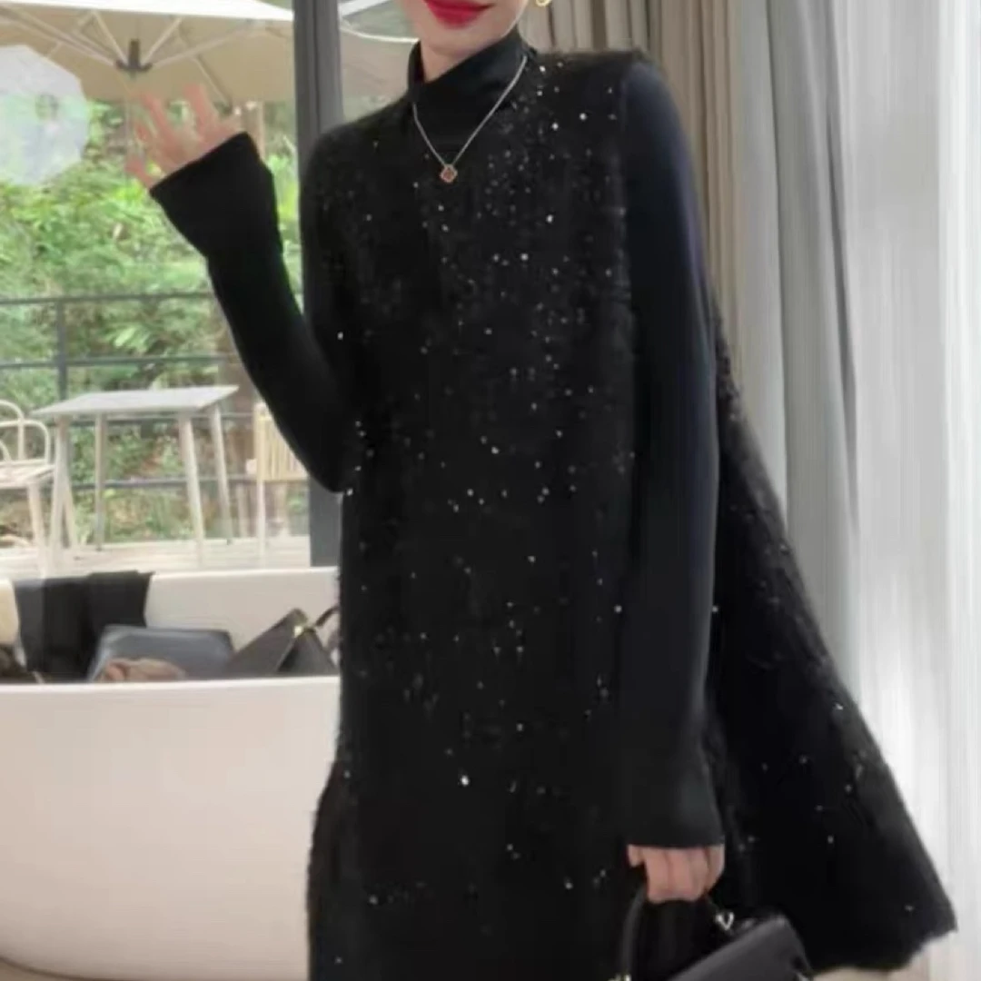 A88亮闪闪马甲时尚黑色连衣裙显瘦轻奢套裙