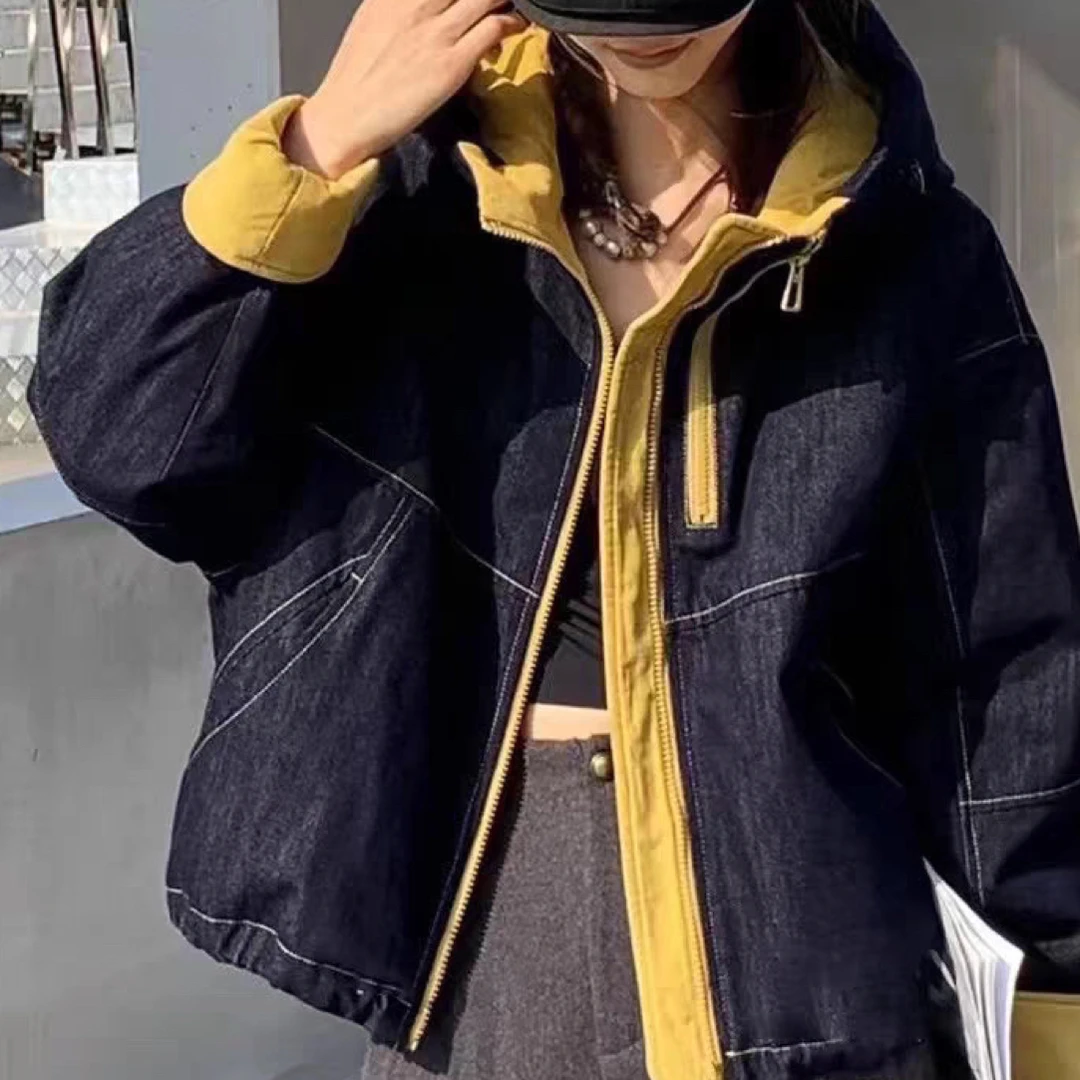 Y12拼色牛仔款休闲版棉服女秋冬加厚保暖时尚外套