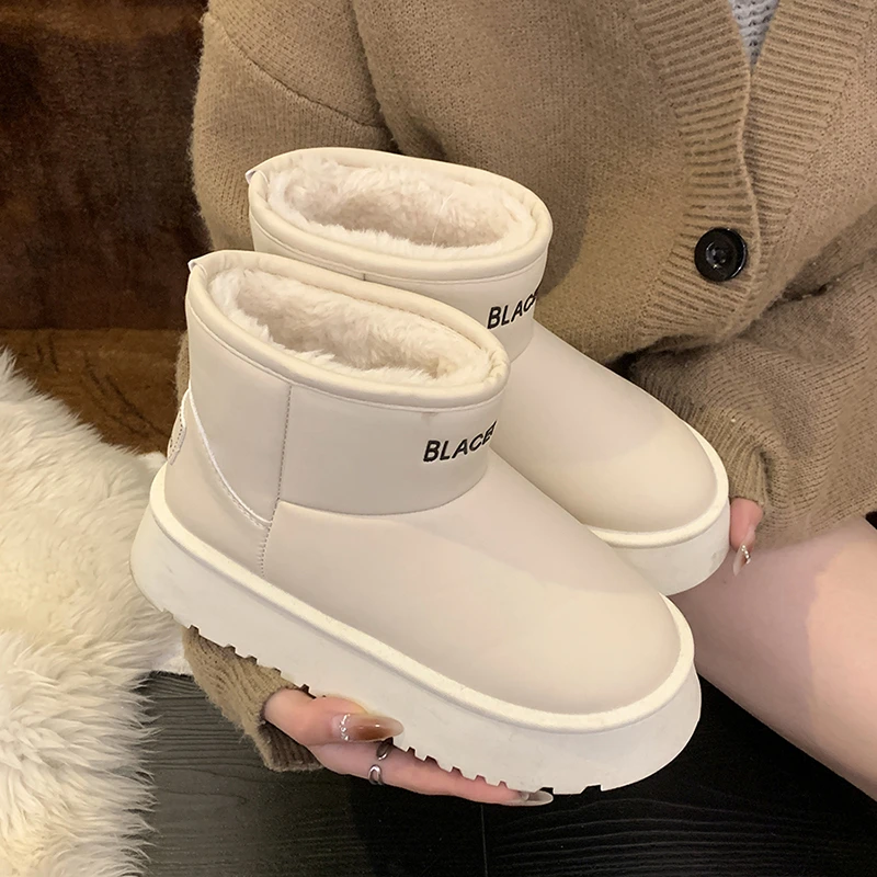 网红百搭白色保暖增高厚底雪地靴女款2023新款冬季加绒加厚一脚蹬