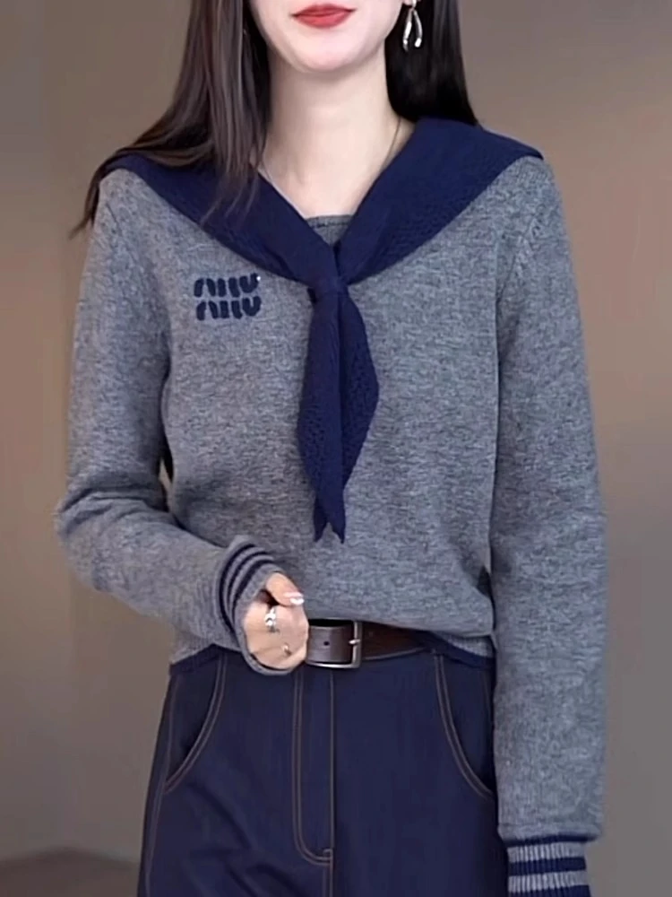 撞色海军领针织衫女2024年秋季新款气质减龄百搭套头毛衣长袖上衣