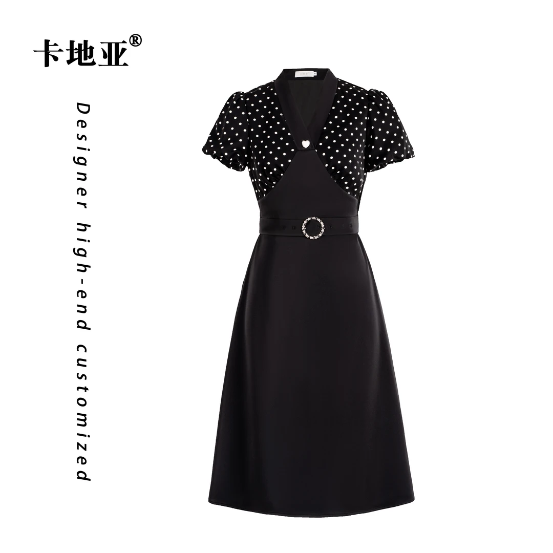 卡地亚高端定制夏季新款显瘦气质法式时尚收腰A字波点连衣裙L3039