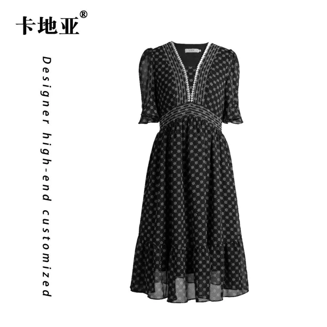 卡地亚高端定制时尚气质法式收腰修身复古碎花连衣裙L3022