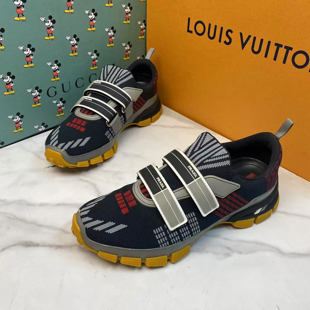 Prada/普拉达黑红白编织网面双魔术贴时尚百搭运动鞋 39码/95新