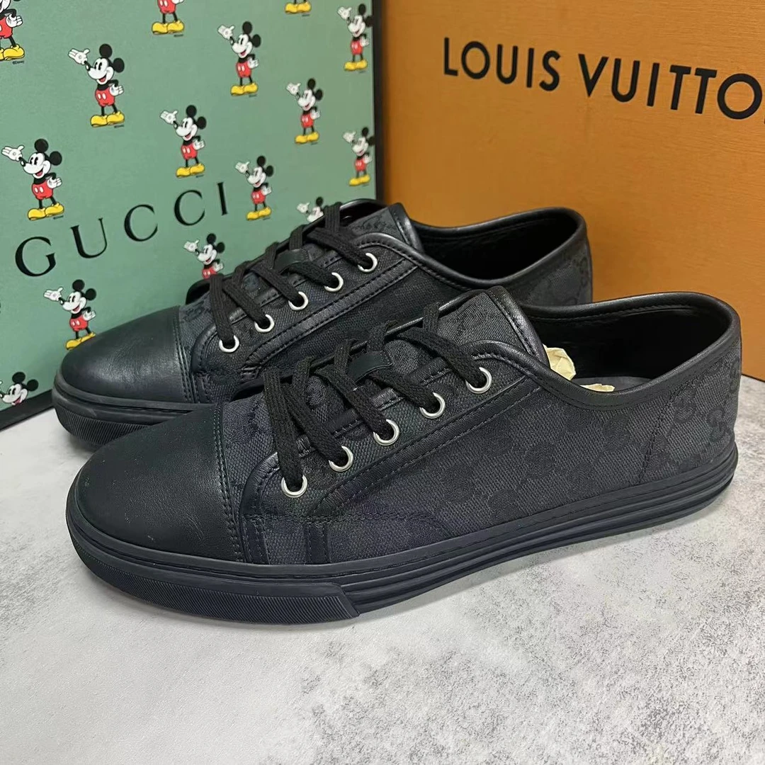 95新 GUCCI/古驰 黑色暗纹双G老花帆布面休闲板鞋/40码/95新