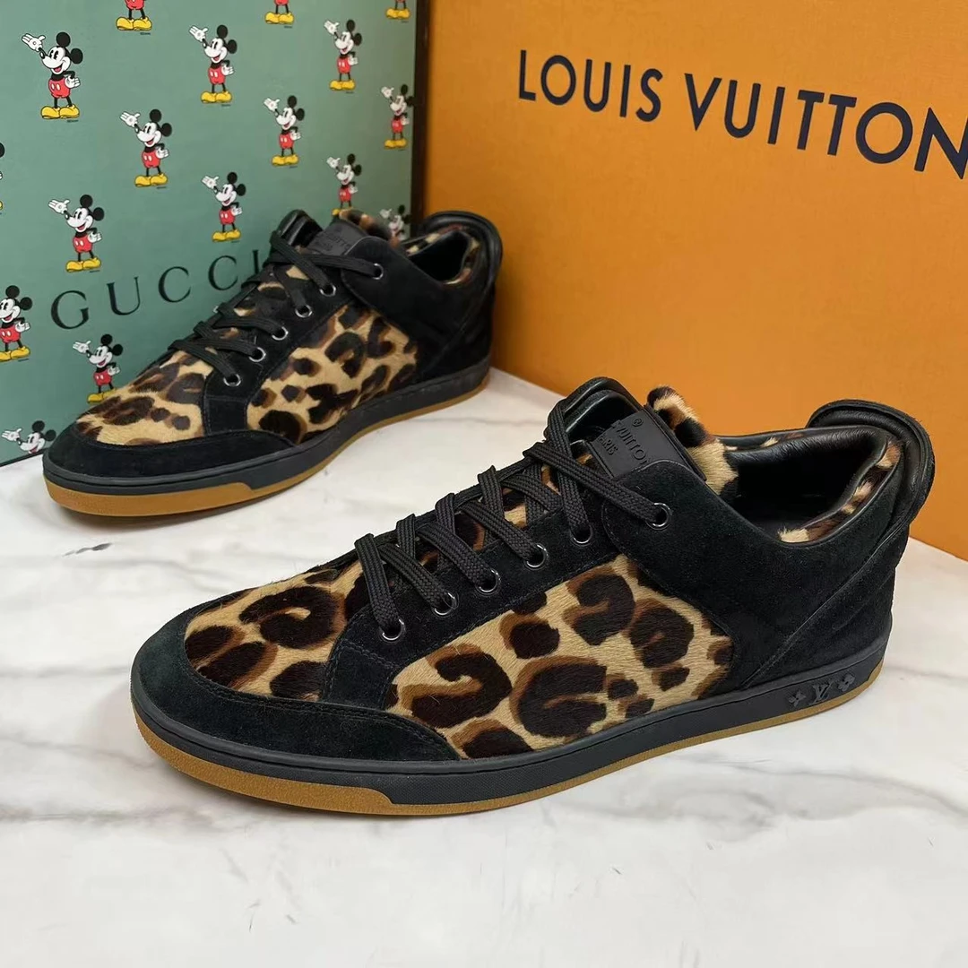 LouisVuitton/路易威登黑色麂皮豹纹灯芯绒潮流板鞋/39.5码/98新