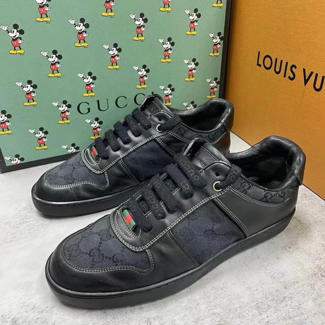 GUCCI/古驰黑色双G老花满印透气低帮百搭男士板鞋95新40.5欧码J