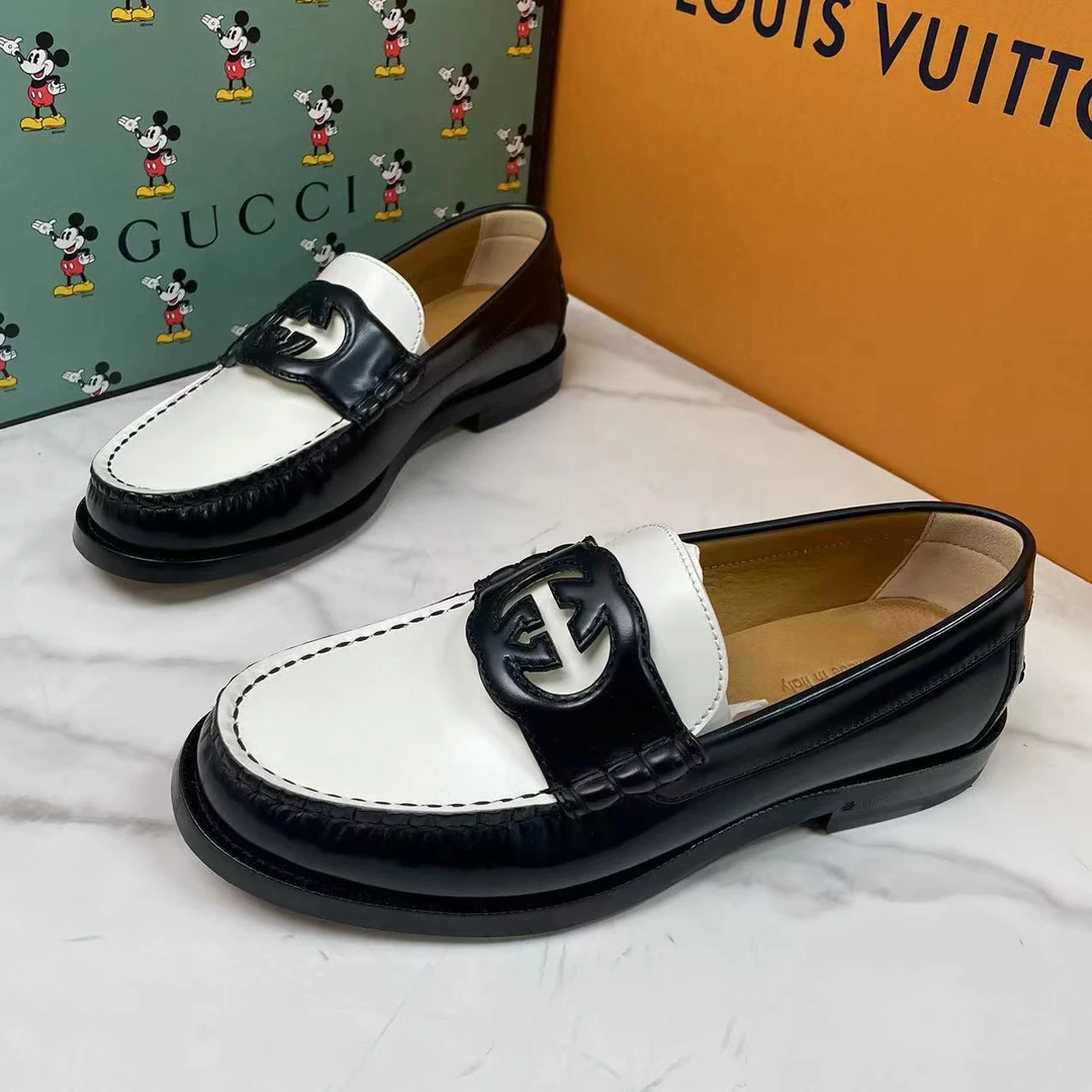 全新未使用 GUCCI/古驰 黑白拼色双G镂空大logo正装皮鞋/39国码