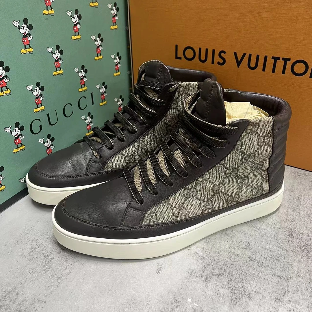 95新 GUCCI/古驰 棕色老花满印高帮时尚百搭休闲板鞋/欧码41.5