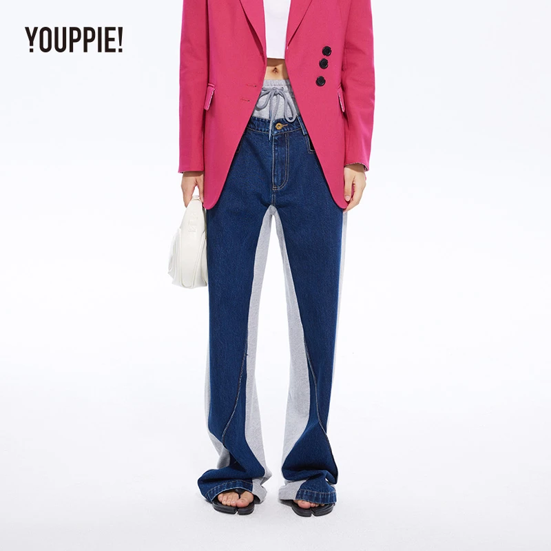 【苏苏专属】YOUPPIE!设计师品牌针织拼接牛仔高腰直筒裤