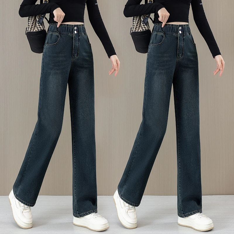 春秋松紧腰小个子窄版直筒牛仔裤女款爆款2025新款宽松直筒九分裤