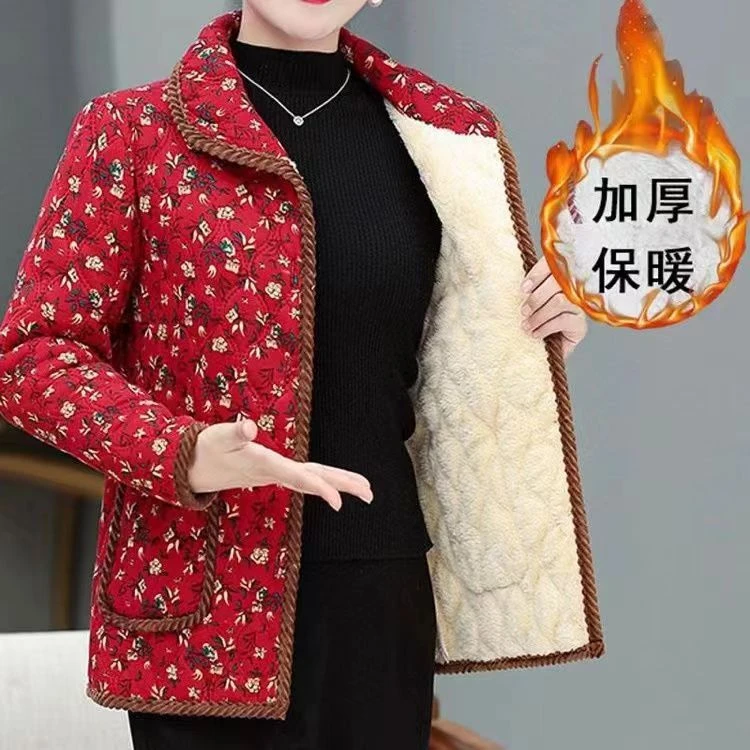 新款中老年女装秋冬加绒保暖小棉衣妈妈装厚棉服外套洋气短款棉袄