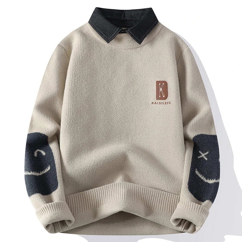 秋冬新款衬衫领假两件针织衫保暖毛衣男士潮流时尚长袖线衫男外套