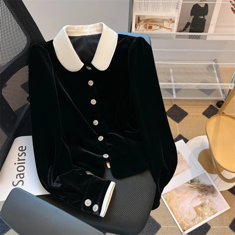 天歌良品名媛风丝绒娃娃领衬衫女秋冬款高级感法式显瘦小个子上衣