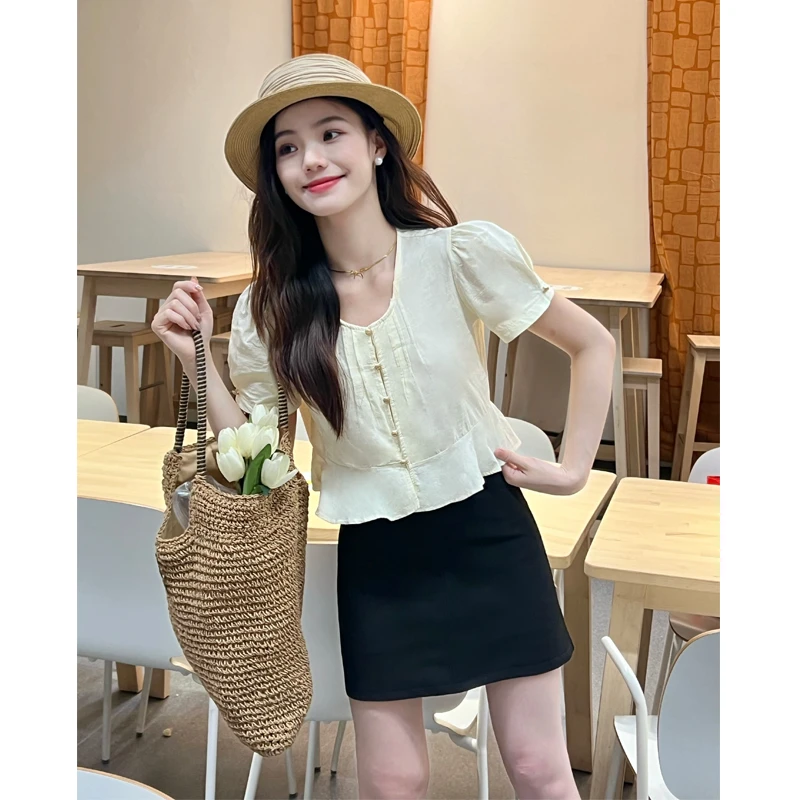 韩版温柔风洋气甜美百搭短袖圆领泡泡袖短款独特荷叶边衬衫上衣女