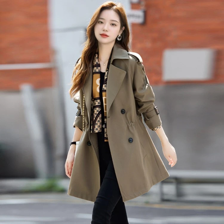 厚款中长风衣外套双排扣常规版型韩版黑色卡其色秋装收腰女性