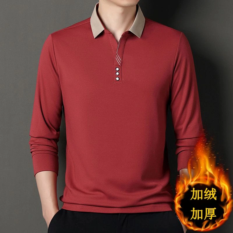 秋冬季长袖polo衫中年男装纯色翻领加绒加厚t恤宽松翻领体恤