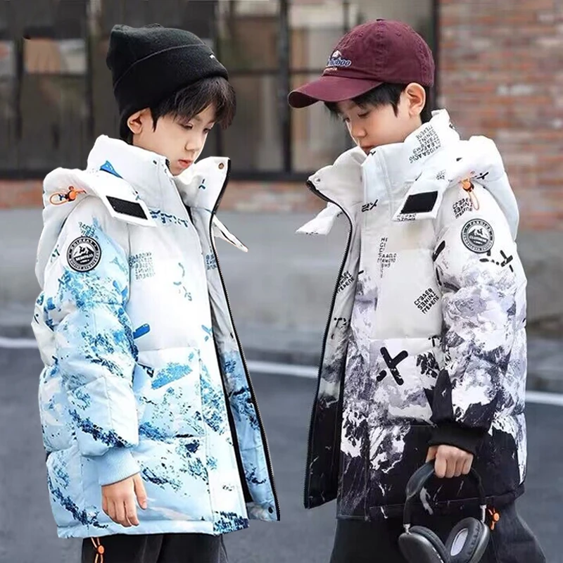 儿童羽绒服男童中长款2025新款洋气加厚中大童渐变冬装白鸭绒外套