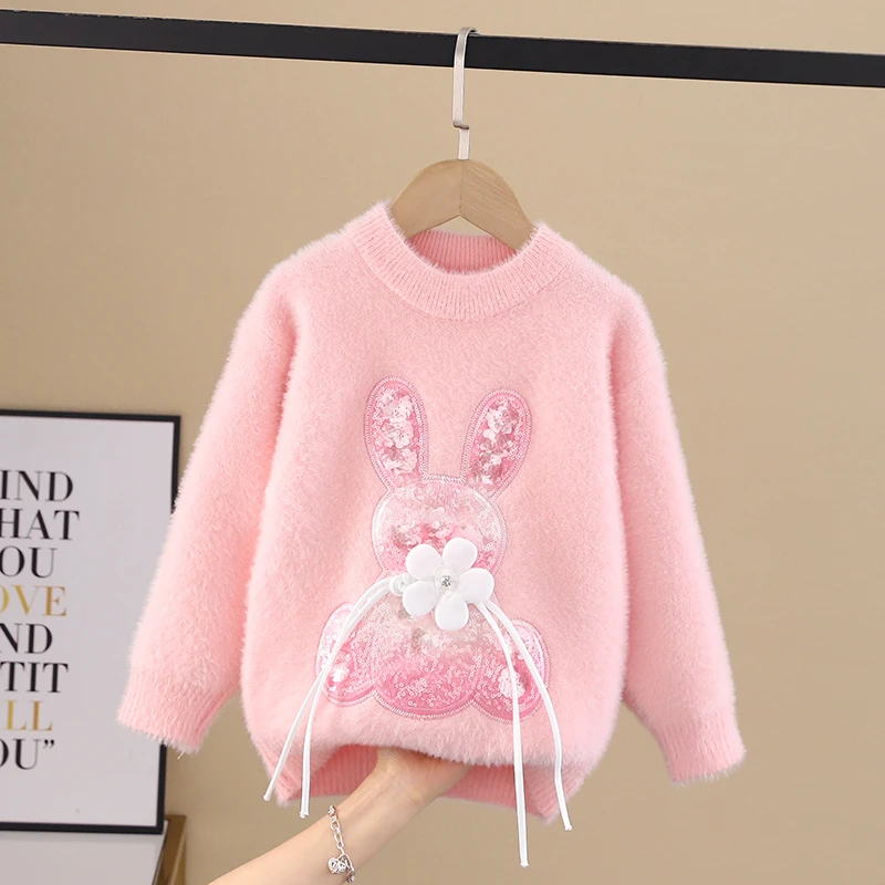 女童水貂绒秋冬季卡通套头针织衫儿童宝宝加绒加厚洋气保暖上衣潮