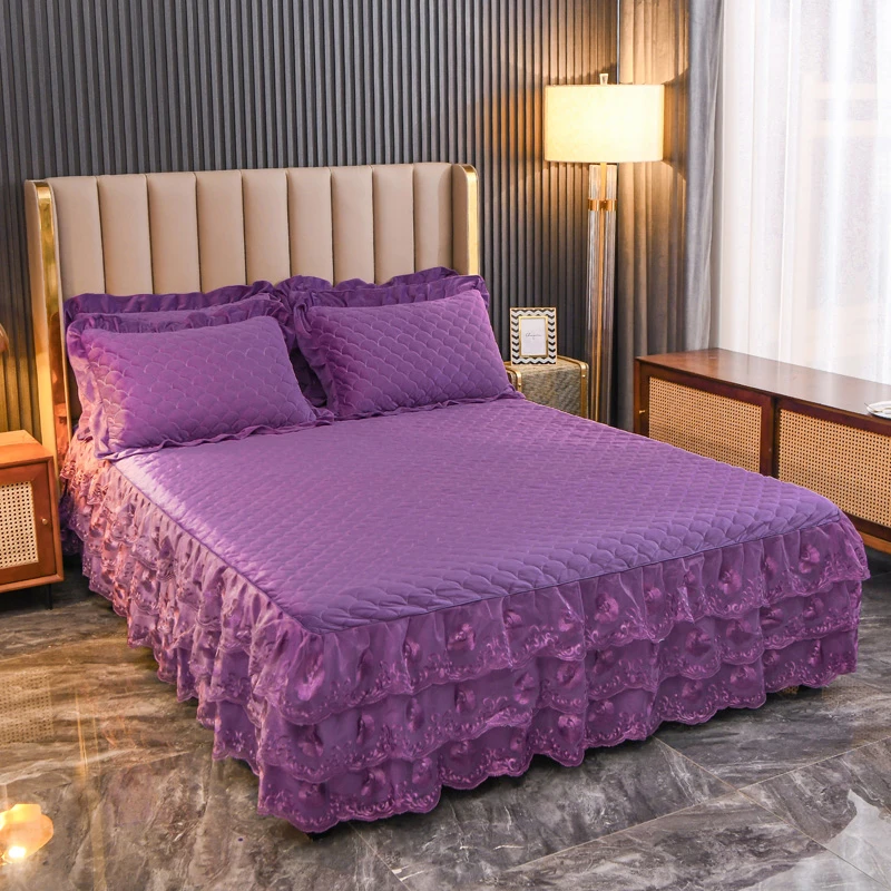 宝宝绒夹棉加厚韩版单床裙床上用品保暖加绒床罩防滑床纯色韩式