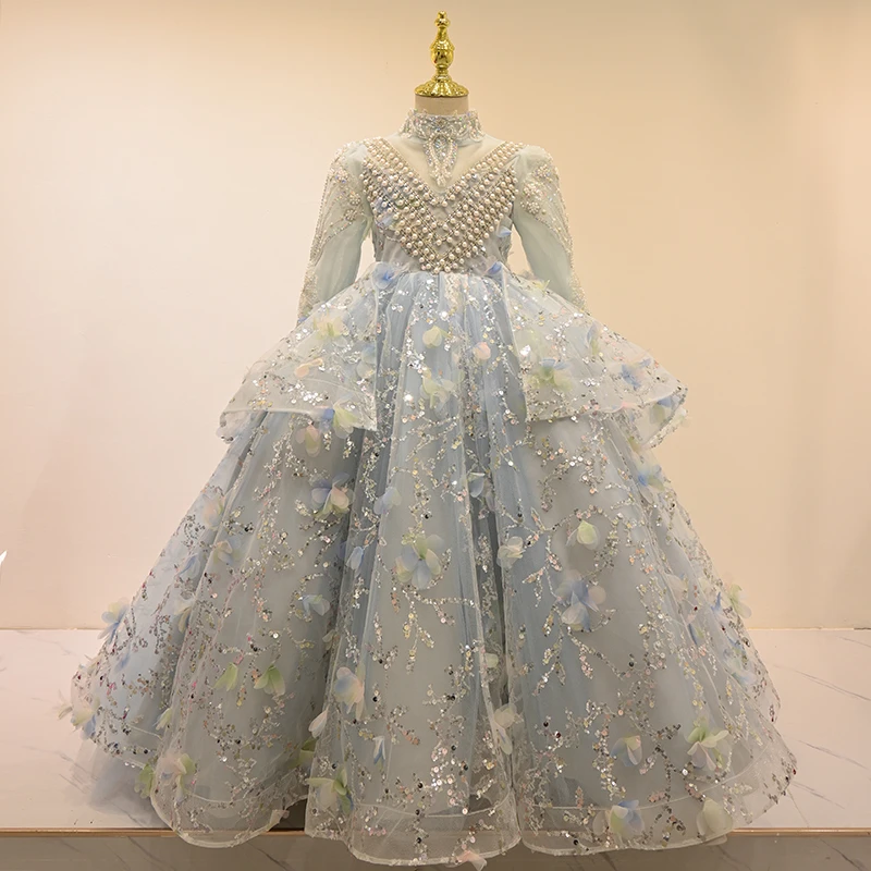 女童高端公主裙洋气小女孩生日宴会礼服主持人钢琴演奏走秀拖尾