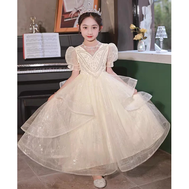 礼服女童公主裙高端花童婚纱蓬蓬裙小女孩主持人生日钢琴演出服