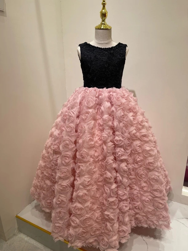 女童高端礼服时尚立体玫瑰花公主裙走秀钢琴演出服花童生日礼服