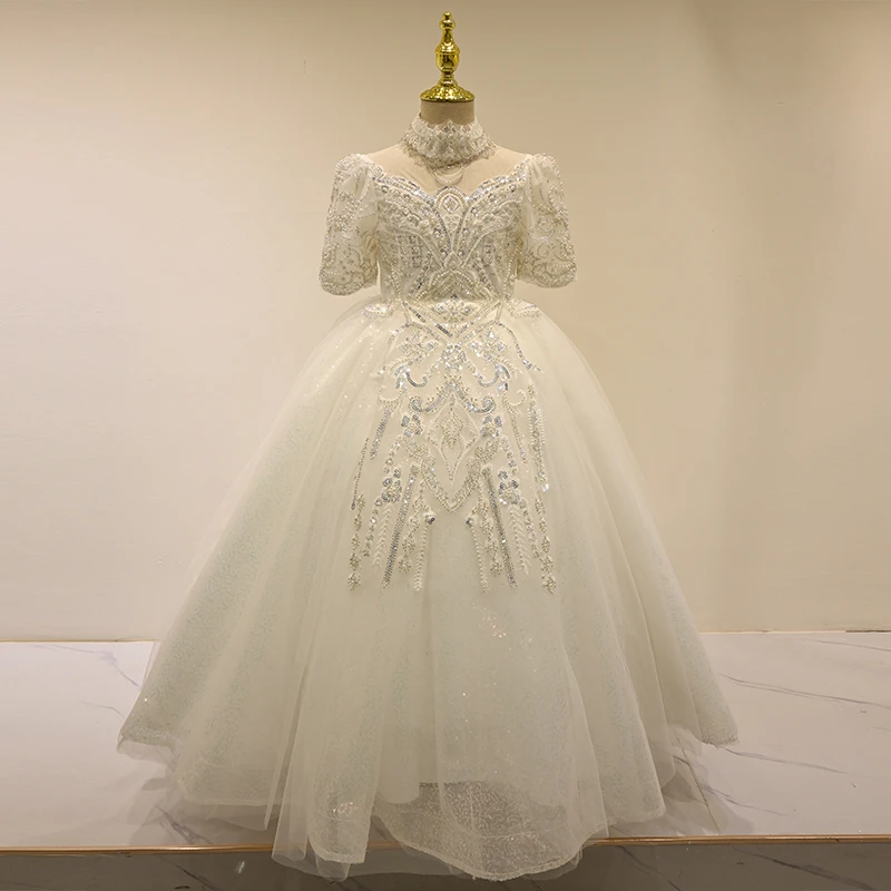 女童礼服高端白色婚纱主持人钢琴演出服儿童走秀生日宴会公主裙