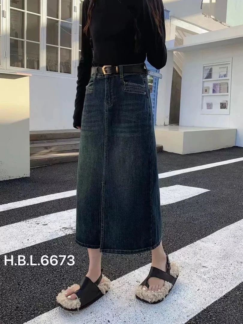 【肉总】复古开叉牛仔设计感包裙显瘦半身裙6726