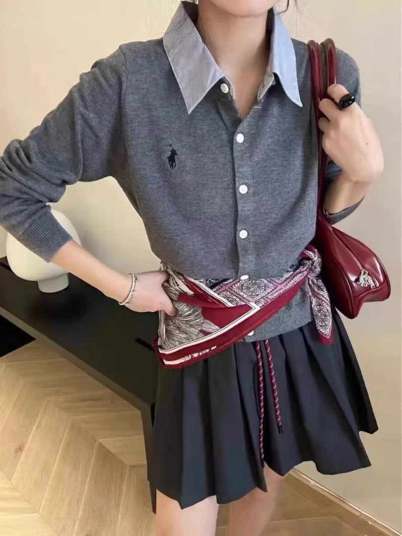 【肉总】Polo领排扣刺绣小马长袖上衣