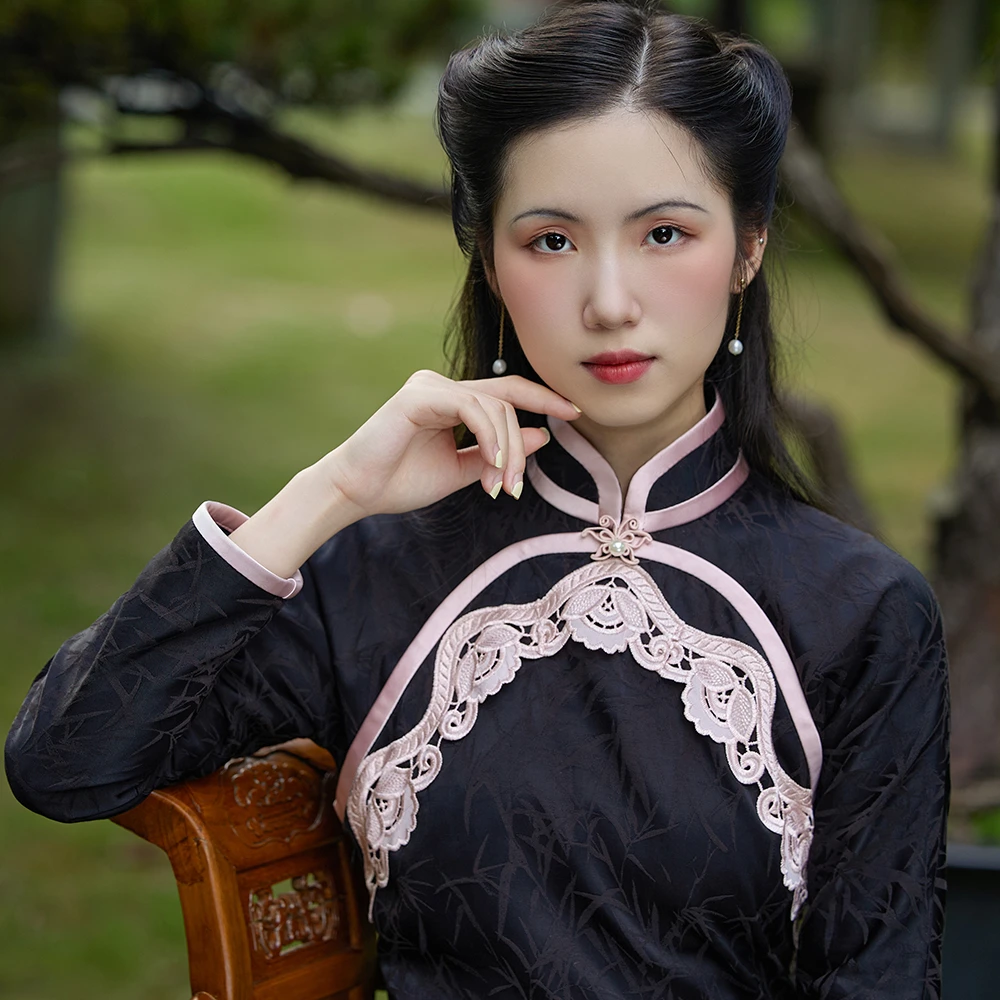 拂花枝 top ulara 画报款复古端庄秋款撞色古法宽绲无省长袖旗袍