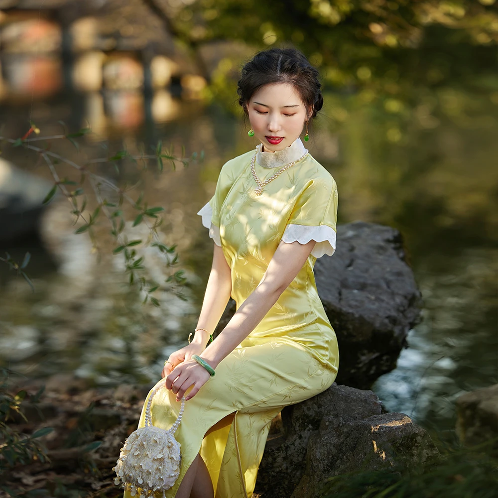 松花笺 top ulara  春夏款筒子领少女清新日常古法无省全开旗袍
