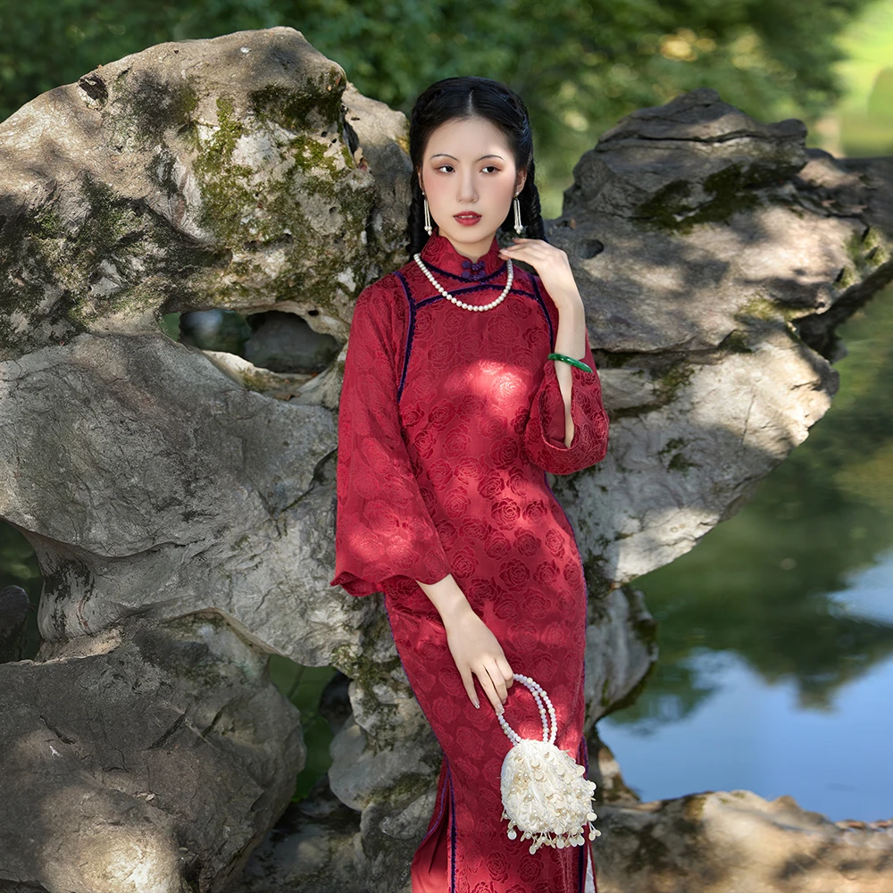 暗香玫瑰 top ulara 红色婚庆倒大袖撞色背带款古法全开无省旗袍